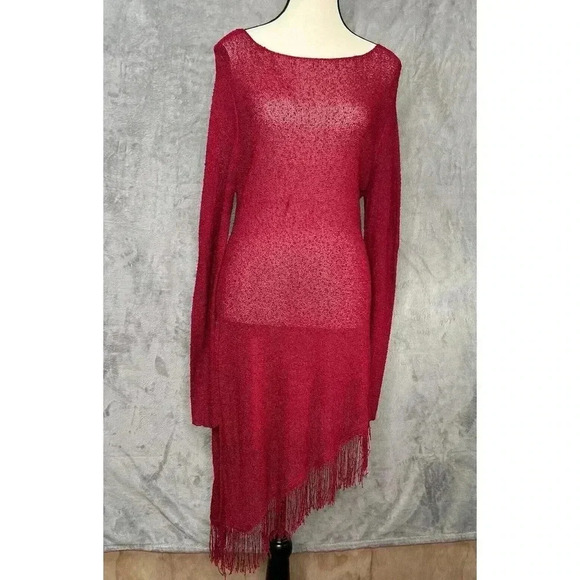 Chicos Womens Sz L Mesh Fringes Red‎ Disco Dress Asymmetrical Hem Side Slit - Picture 4 of 12